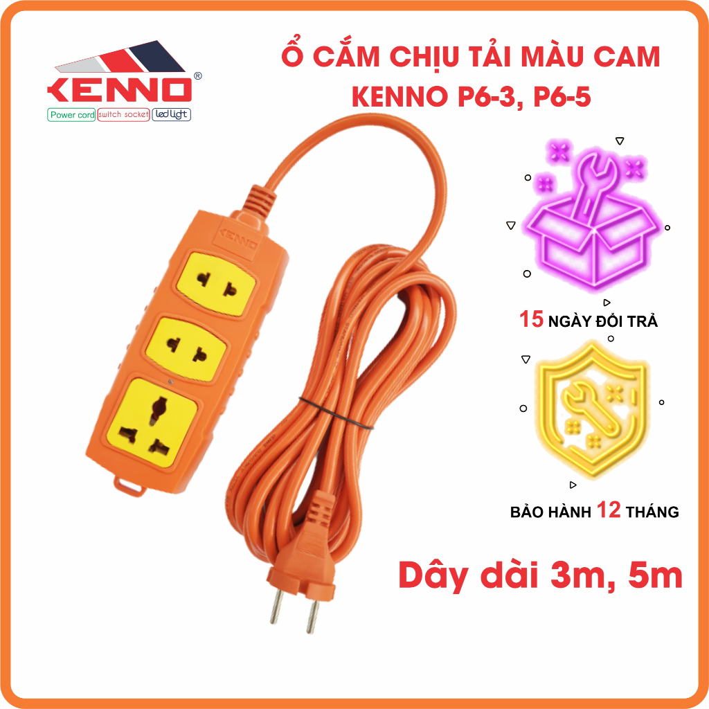 Ổ Cắm Điện KENNO 3 lỗ, 4 lỗ không dây và có dây Chịu Tải Công Suất Cao 6000w màu cam