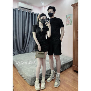 SS-04 Set Đôi Couple Nam Nữ Đính Đá blinh blinh Chất Mì Nỉ áo phông nam váy nữ dáng body siêu xinh
