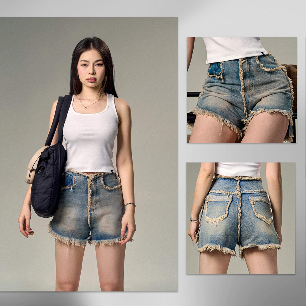 Quần short Jeans lưng cao họa tiết viền rách dành cho nữ [02] - SHORT ...