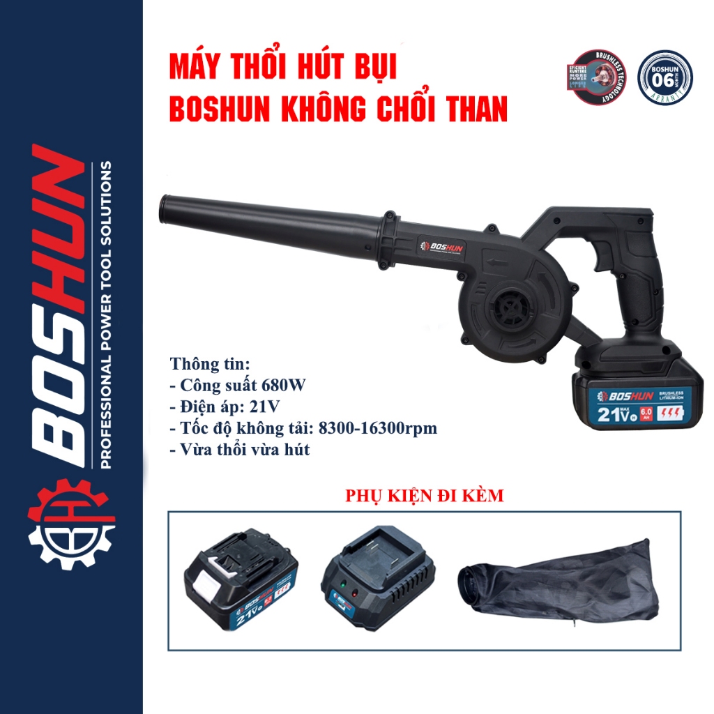 Máy Thổi Bụi Boshun Đen Công Suất 680W Chân Phổ Thông 10Cell Không Chổi Than Tốc Độ Gió Mạnh