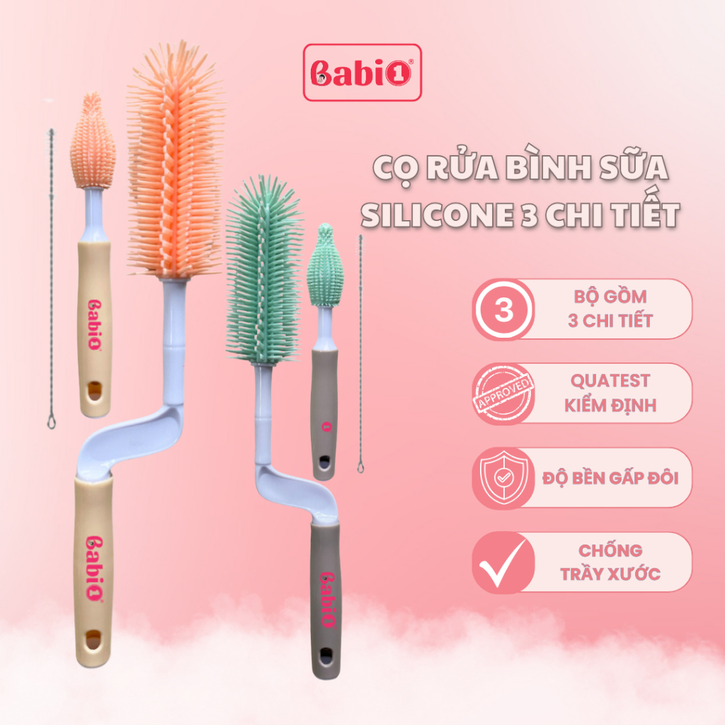 Cọ Rửa Bình Sữa BABIONE Bộ Cọ Bình Sữa 3 Chi Tiết Cọ Rửa Silicon Tay Cầm Xoay 360 Độ