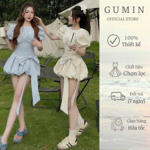 Váy chun eo GUMIN thiết kế tay bồng và chun eo đính nơ, đầm có khóa kéo lưng kèm lót đùi bo chun trong sang trọng