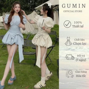Váy chun eo GUMIN thiết kế tay bồng và chun eo đính nơ, đầm có khóa kéo lưng kèm lót đùi bo chun trong sang trọng