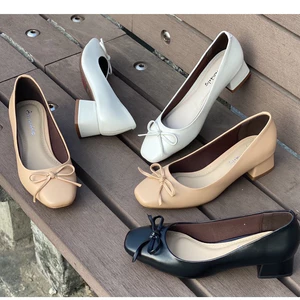 Giày cao gót nữ 3 phân mũi vuông gót vuông Annmodels chất liệu da mềm phối nơ chuông _A1004NC