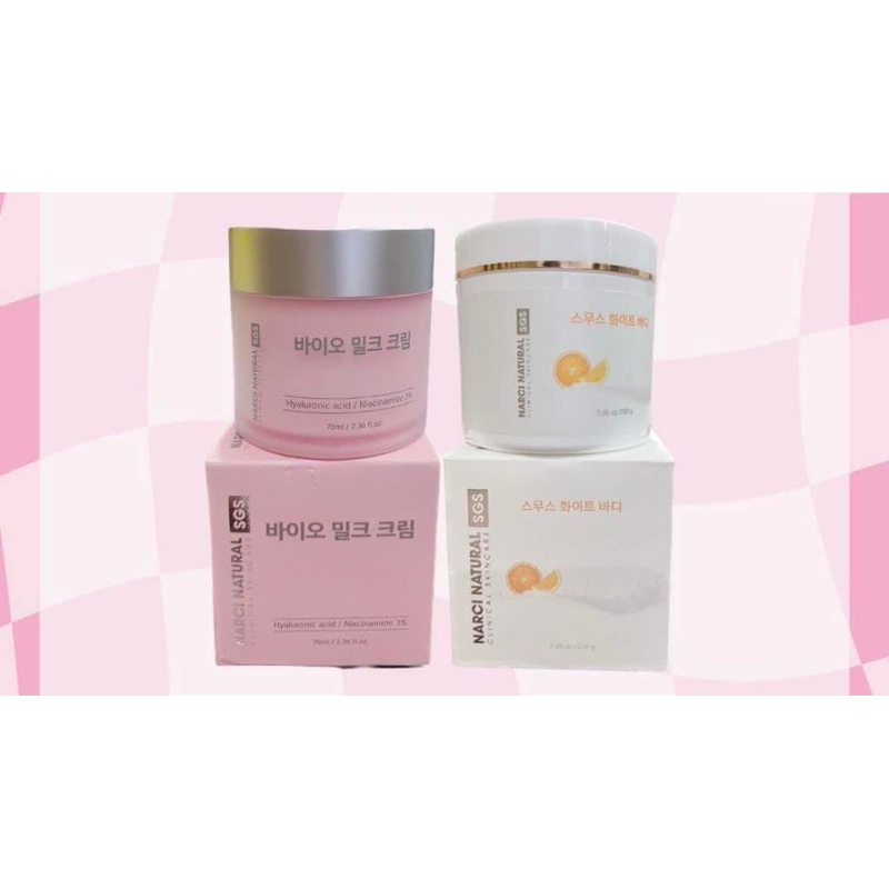 Combo kem body NARCI NATURAL SMOOTH WHITE BODY 200g và kem dưỡng NARCI NATURAL BIO MILK CREAM 70ml hạn 2028 IS279