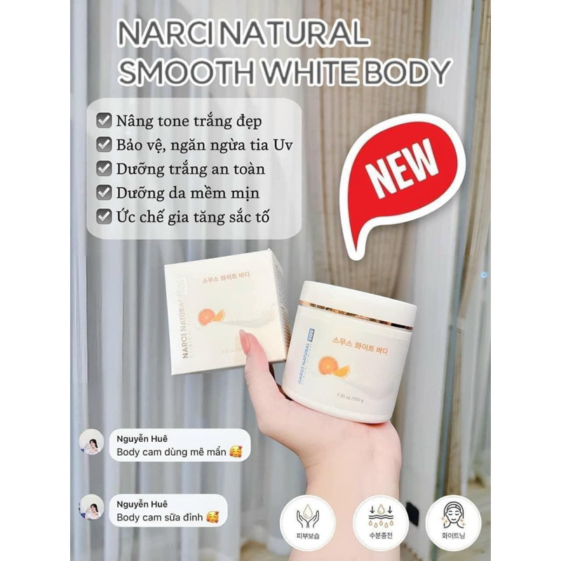 Combo kem body NARCI NATURAL SMOOTH WHITE BODY 200g và kem dưỡng NARCI NATURAL BIO MILK CREAM 70ml hạn 2028 IS279
