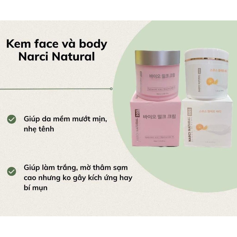 Combo kem body NARCI NATURAL SMOOTH WHITE BODY 200g và kem dưỡng NARCI NATURAL BIO MILK CREAM 70ml hạn 2028 IS279
