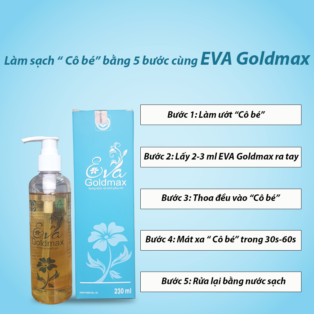 Dung dịch vệ sinh phụ nữ  EVA Goldmax hỗ trợ giảm khí hư, khử mùi hôi, do vi khuẩn, nấm candida