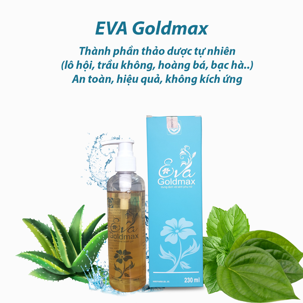 Dung dịch vệ sinh phụ nữ  EVA Goldmax hỗ trợ giảm khí hư, khử mùi hôi, do vi khuẩn, nấm candida