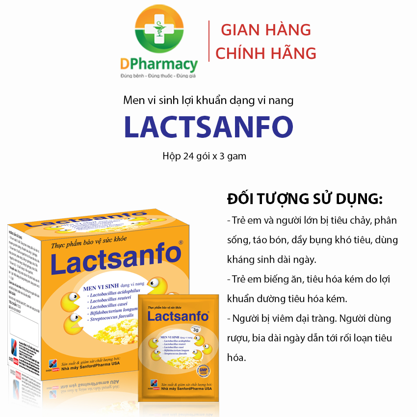 Men lợi khuẩn LACTSANFO, hỗ trợ cải thiện rối loạn tiêu hóa do loạn khuẩn ruột: đầy bụng, tiêu chảy