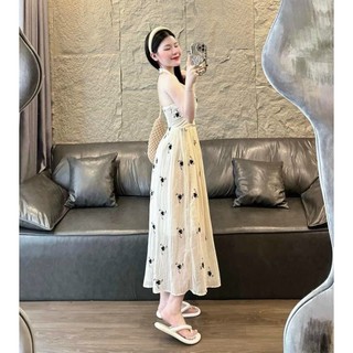 Đầm tơ xốp thời trang thiết kế nữ mặc đi chơi - đi dạo áo dây nhún eo váy dài xòe họa tiết in nhẹ nhàng