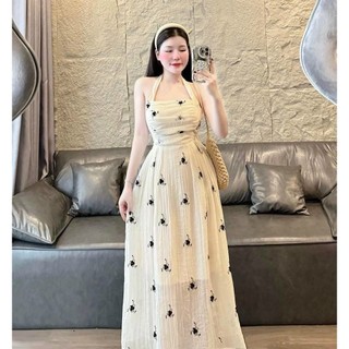 Đầm tơ xốp thời trang thiết kế nữ mặc đi chơi - đi dạo áo dây nhún eo váy dài xòe họa tiết in nhẹ nhàng