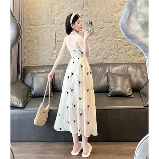 Đầm tơ xốp thời trang thiết kế nữ mặc đi chơi - đi dạo áo dây nhún eo váy dài xòe họa tiết in nhẹ nhàng