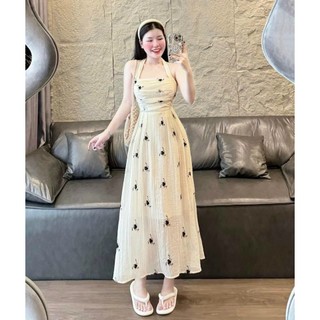 Đầm tơ xốp thời trang thiết kế nữ mặc đi chơi - đi dạo áo dây nhún eo váy dài xòe họa tiết in nhẹ nhàng