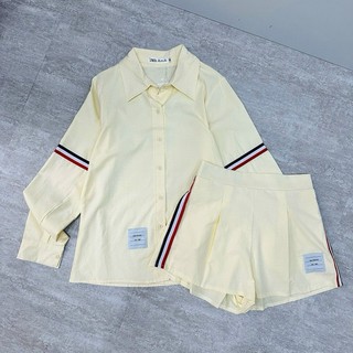 Set Đồ Nữ Áo Sơ Mi Tay Dài Và Quần Short Phối Viền Màu Vàng Pastel Phong Cách Năng Động