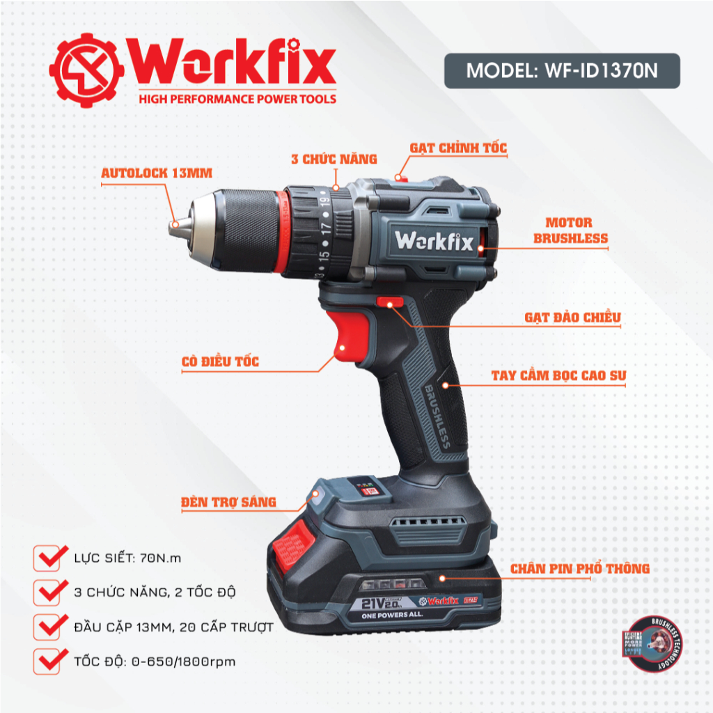 Máy Khoan Workfix WF-ID1370BL 13mm, pin 10 cell Không Chổi Than, 3 Chức Năng 25 Cấp Độ Trượt