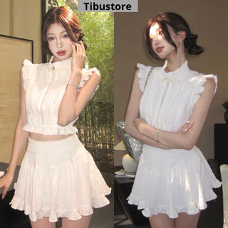 Set Áo Croptop Bèo Cổ Tàu Thắt Nơ Phối Chân Váy Ngắn Bèo Dáng Xoè TIBU Set Đồ Nữ Xinh Tiểu Thư Sang Chảnh Đi Chơi Phố