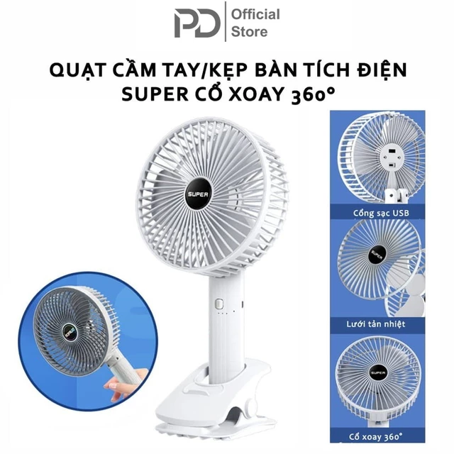 Quạt Kẹp Bàn Sạc Pin Tích Điện Super, Quạt Tích Điện Để Bàn, có 3 Tốc Độ Gió, Có Giá Đỡ Điện Thoại