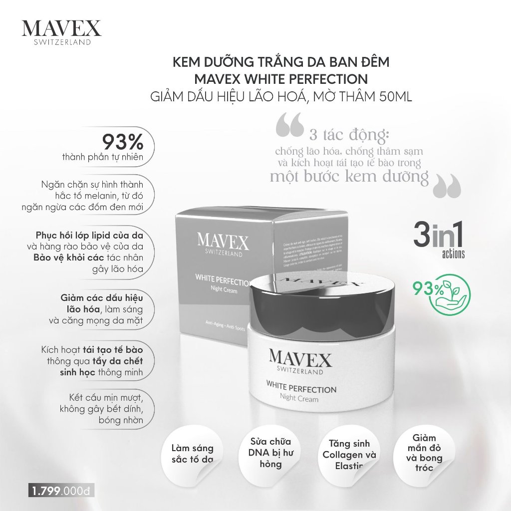 Kem dưỡng trắng da ban đêm Mavex White Perfection giảm dấu hiệu lão hoá, mờ thâm 50ML