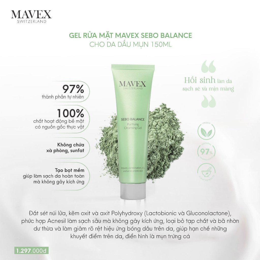 Gel Rửa Mặt Cho Da Dầu Mụn MAVEX Sebo Balance Giúp Điều Tiết Dầu Và Giảm Thâm Mụn 150ml