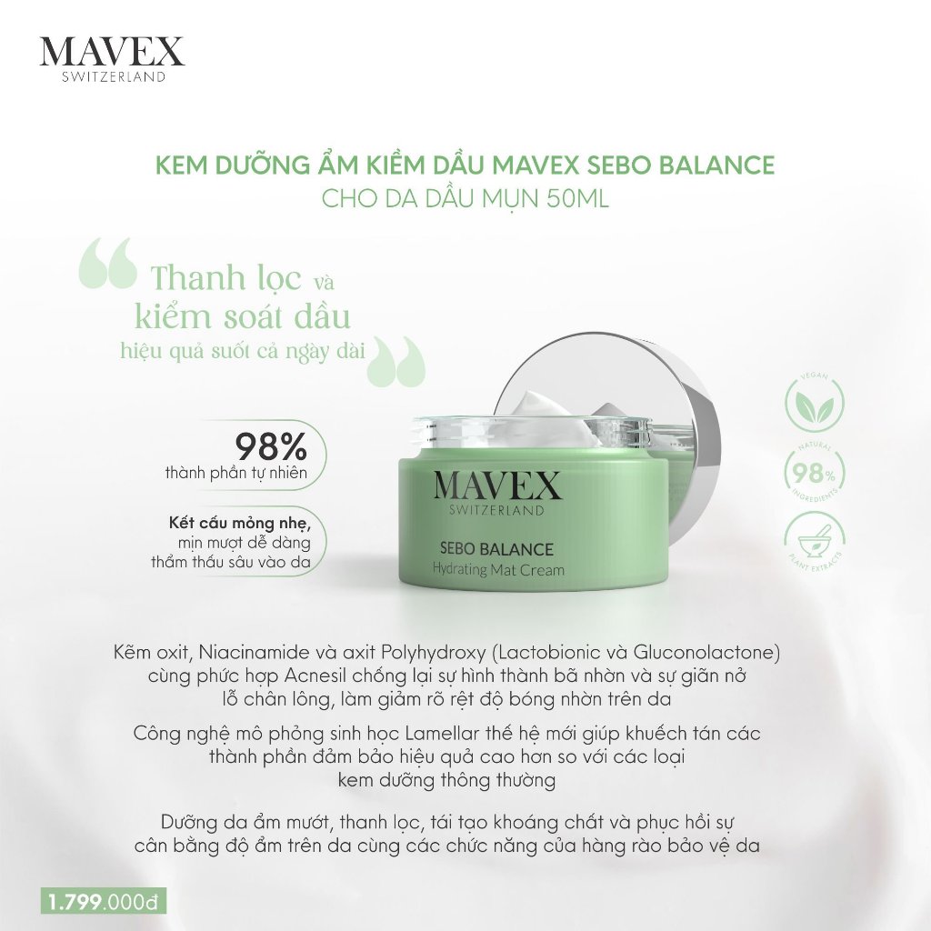 Kem dưỡng ẩm kiềm dầu Mavex Sebo Balance cho da dầu mụn 50ML