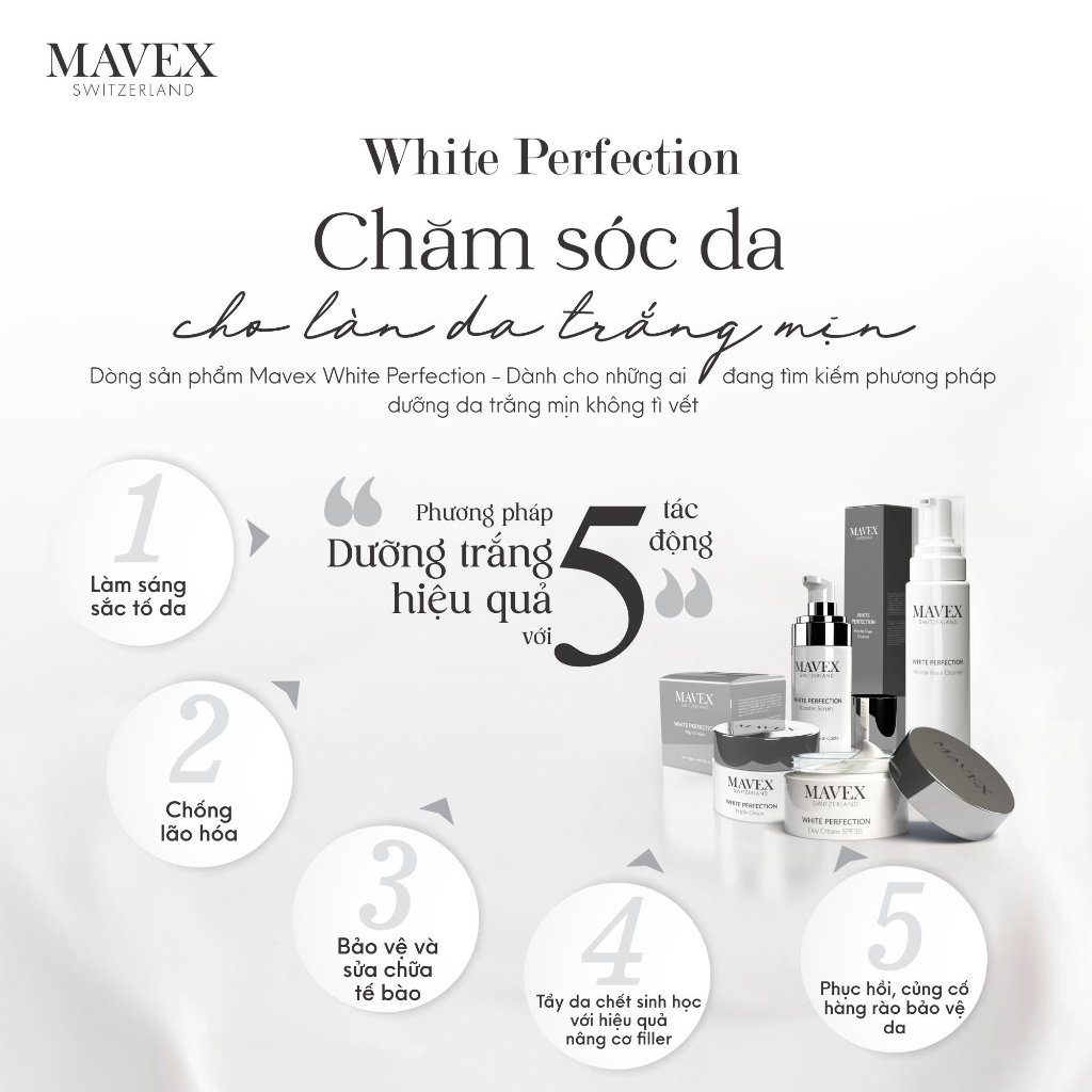 Combo Mavex White Perfection dưỡng trắng hoàn hảo ( Bọt rửa mặt + Serum dưỡng trắng)