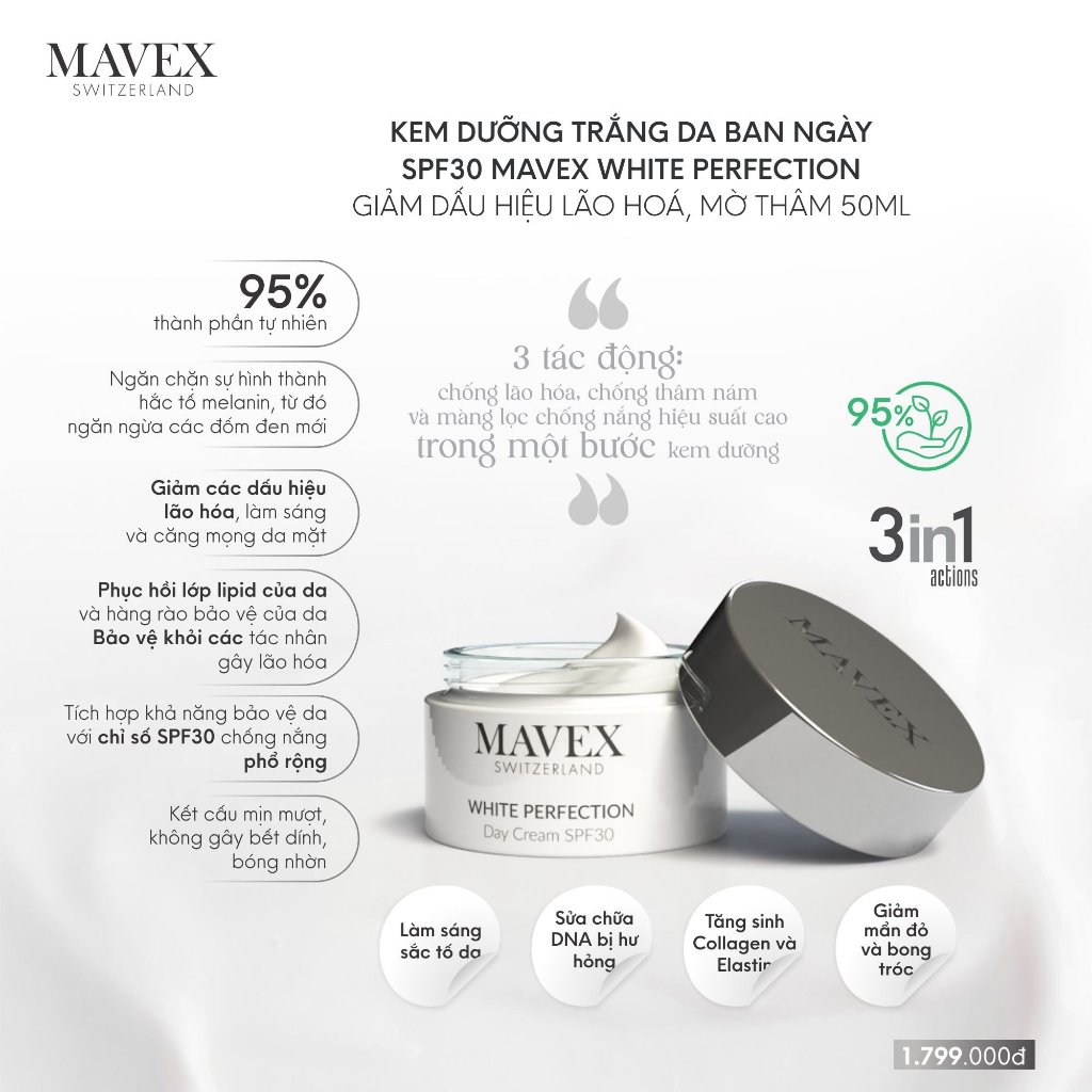 Kem dưỡng trắng da ban ngày SPF30 Mavex White Perfection giảm lão hoá, mờ thâm 50ml