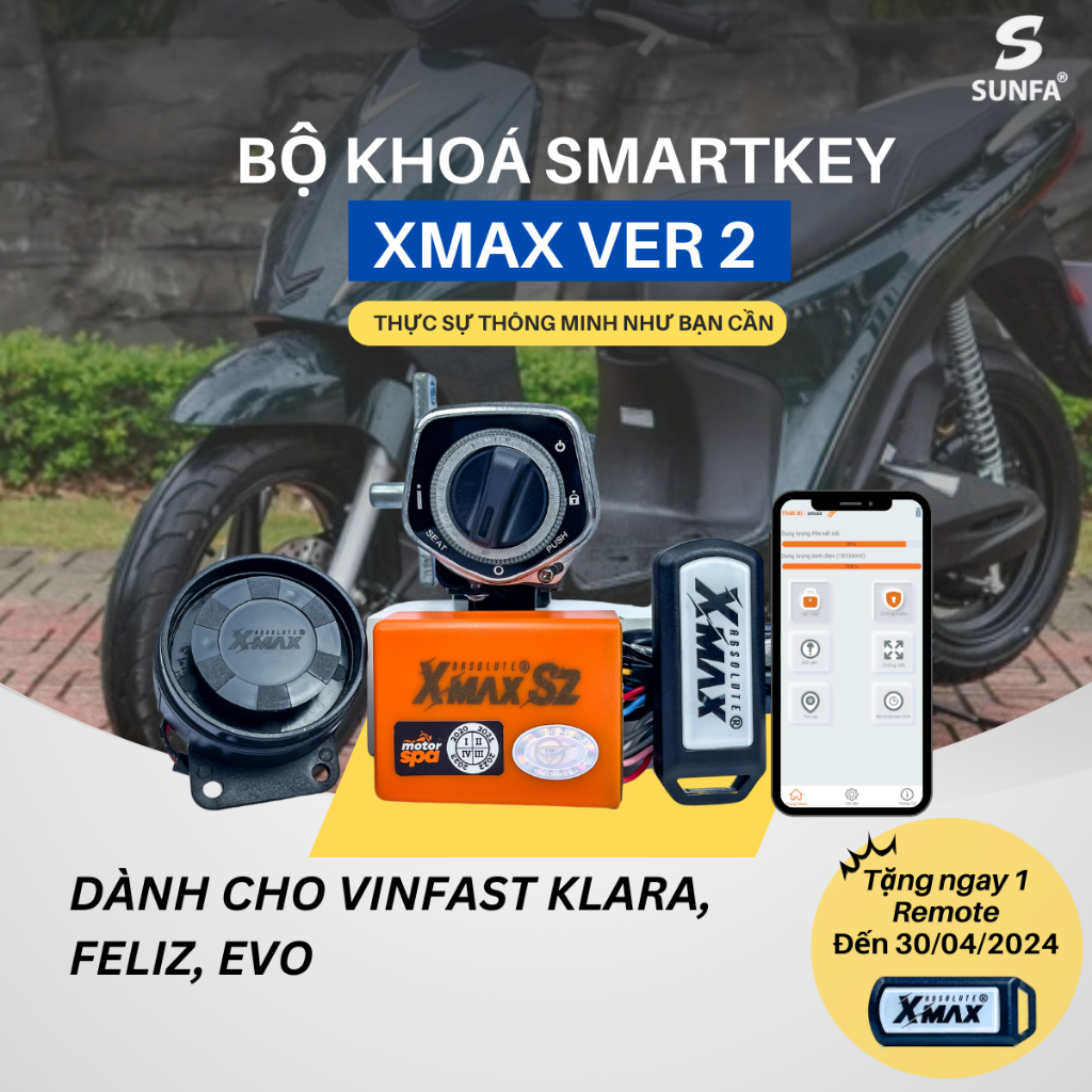Bộ khóa Smartkey Xmax 5.0 V2 dành cho xe Vinfast Klara, Feliz, Evo ...