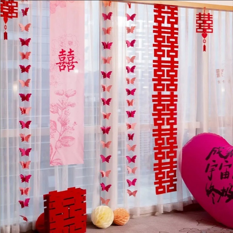Chữ hỷ dài trang trí đám cưới, dây treo song hỷ dài trang trí phòng cưới - Kem Shop K379