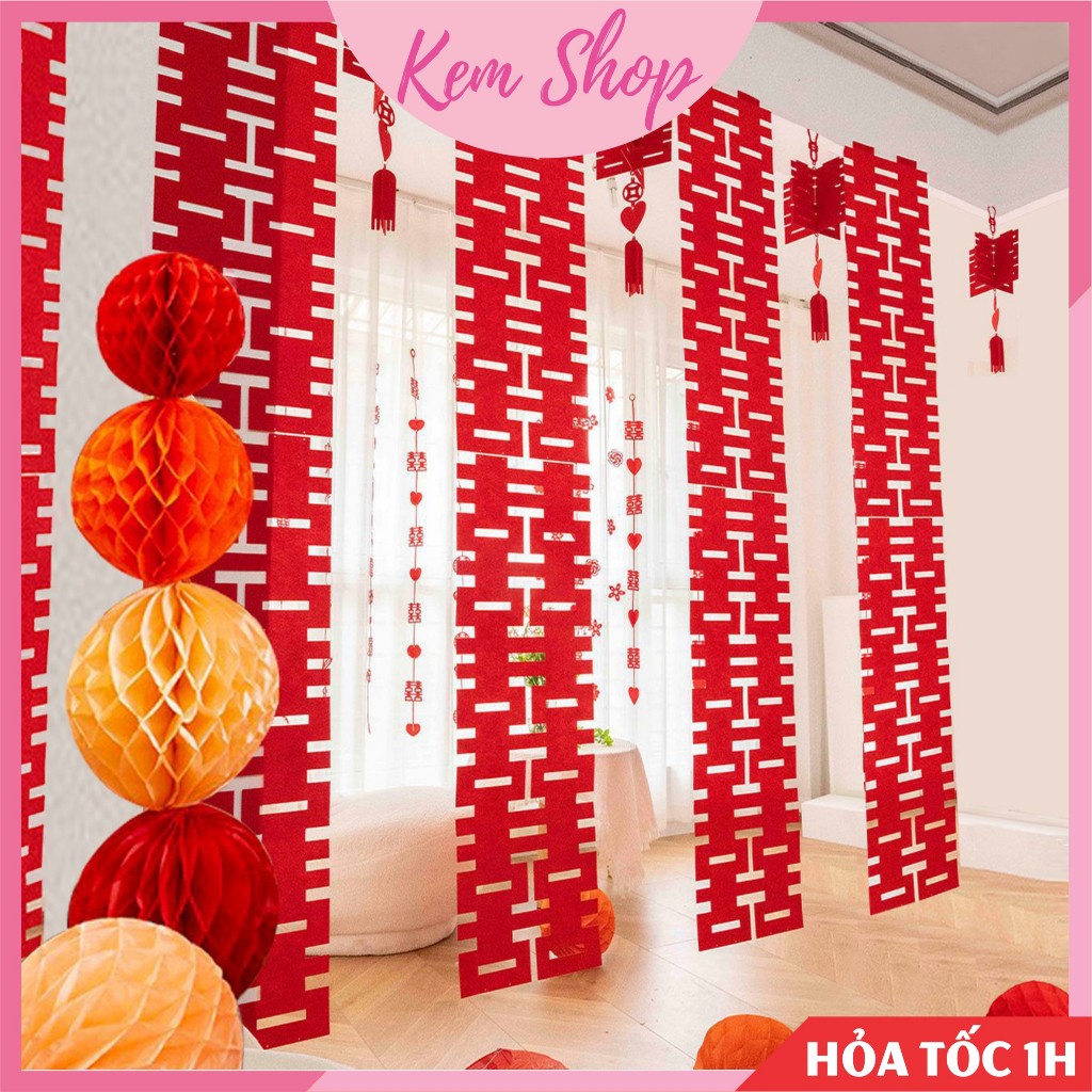 Chữ hỷ dài trang trí đám cưới, dây treo song hỷ dài trang trí phòng cưới - Kem Shop K379