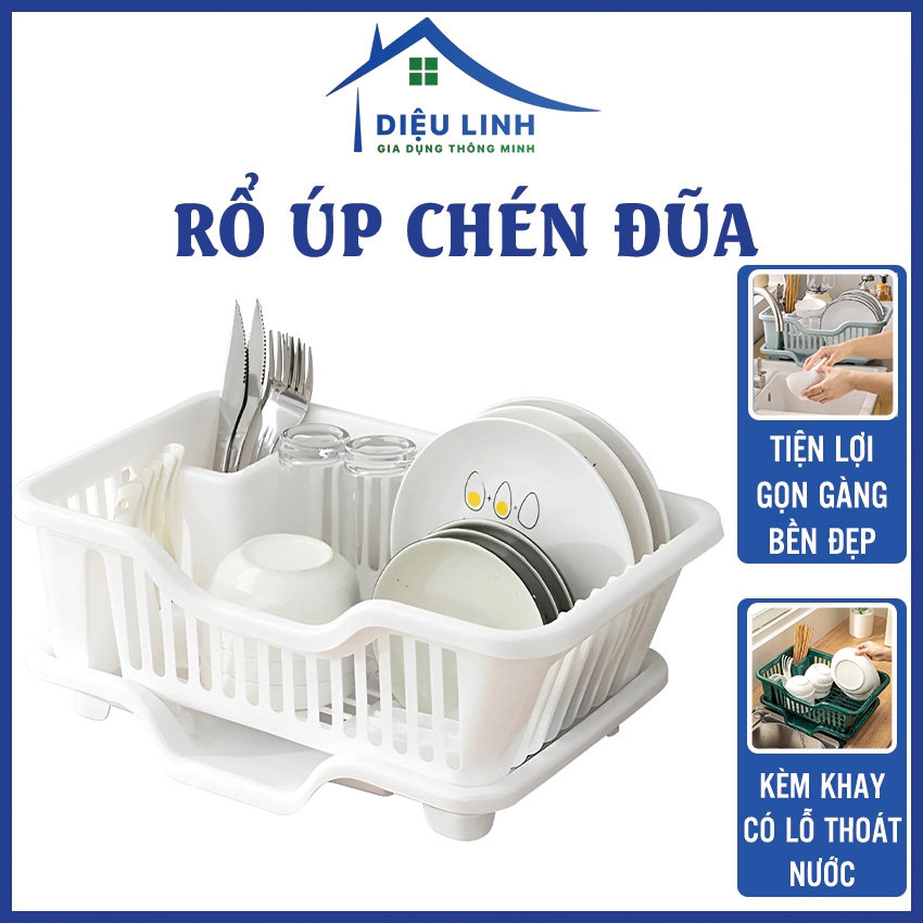 Kệ Rổ Úp Chén Dĩa Kèm Khay Thoát Nước, Có Ống Đựng Đũa Muỗng Tiện Lợi ...