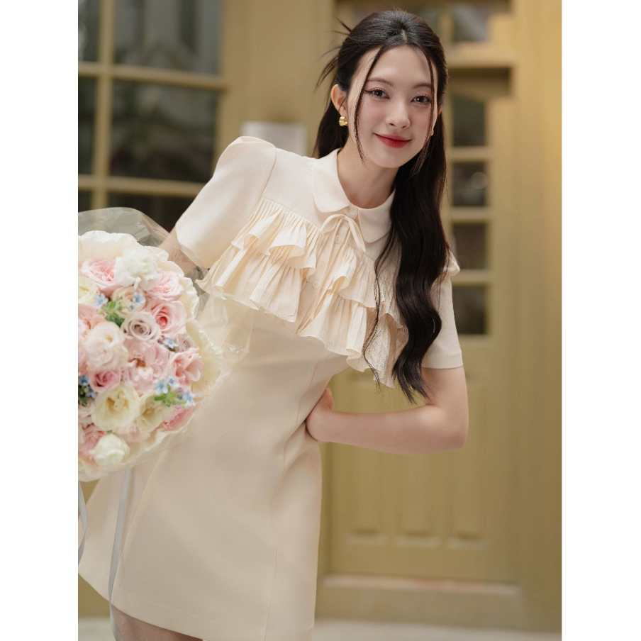 Ảnh Đầm A tay ngắn cổ tròn, xếp ly ngực dáng tiểu thư thiết kế bởi JM Dress Design 1S34.2404OG 2