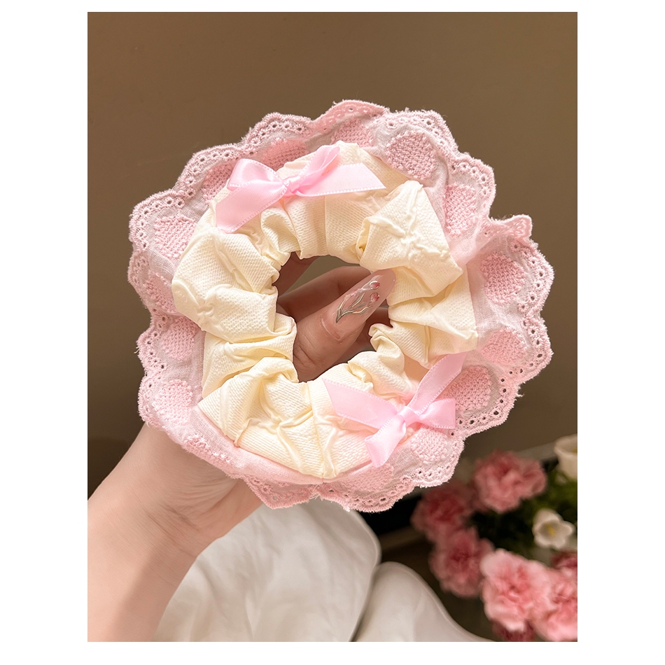 Dây Cột Tóc Scrunchies Viền Ren Nơ Hồng Xinh Xắn Nàng Thơ Phong Cách Hàn Quốc Phụ Kiện Tóc Nữ