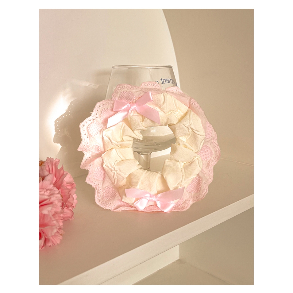 Dây Cột Tóc Scrunchies Viền Ren Nơ Hồng Xinh Xắn Nàng Thơ Phong Cách Hàn Quốc Phụ Kiện Tóc Nữ