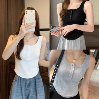 Áo ba lỗ nữ cotton tăm vạt tròn có mút đệm ngực, đính khuy trước ngực 3195