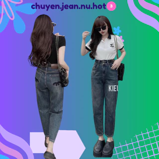 Quần jean bò baggy nữ thêu túi cạp cao ông rộng phong cách Hàn Quốc