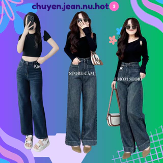 Quần bò jean ống rộng suông xuông nữ jeans cạp cao túi trước thêu gối phong cách Hàn Quốc 2025