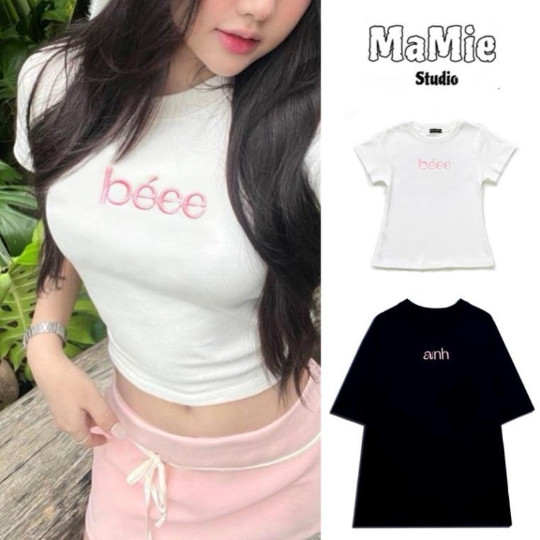 Áo thun cặp thêu chữ BÉEE cho nữ form body chất thun gân mỏng nhẹ MaMie unisex.sg