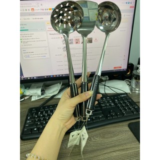 Combo 3 dụng cụ nấu ăn, Vá sạn xẻng inox cán nhựa đen cao cấp siêu bền