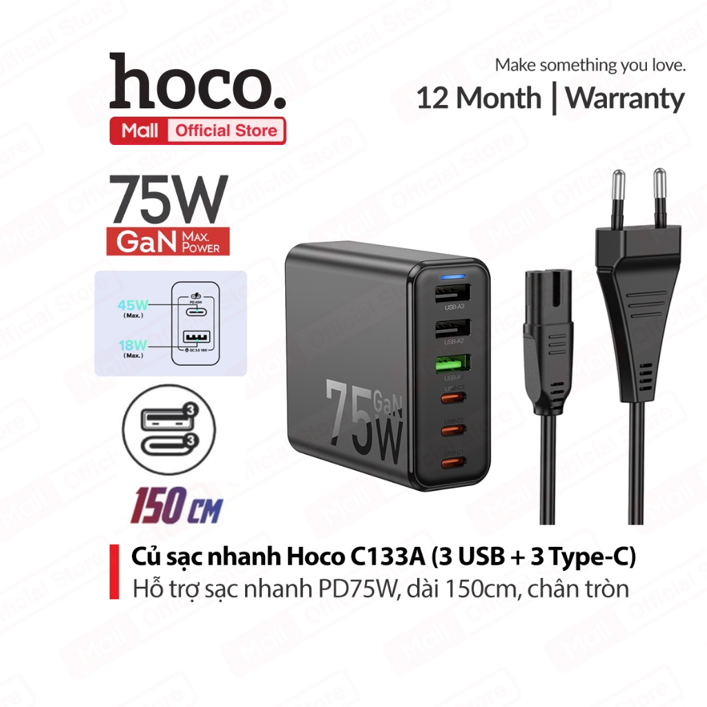 Củ sạc nhanh PD75W Hoco C133A 3 cổng USB và 3 cổng Type-C , PC chống ...