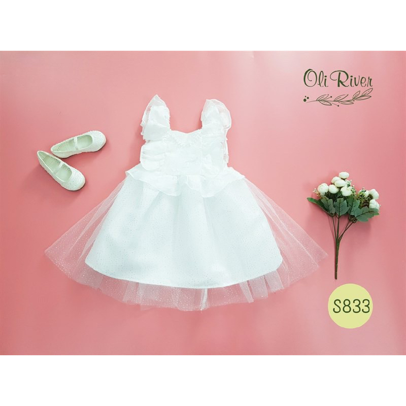 Đầm Công Chúa Bé Gái Trắng Dệt Nổi Cánh Tiên Xinh Xắn S833 Size 6-8T (21-30kg)