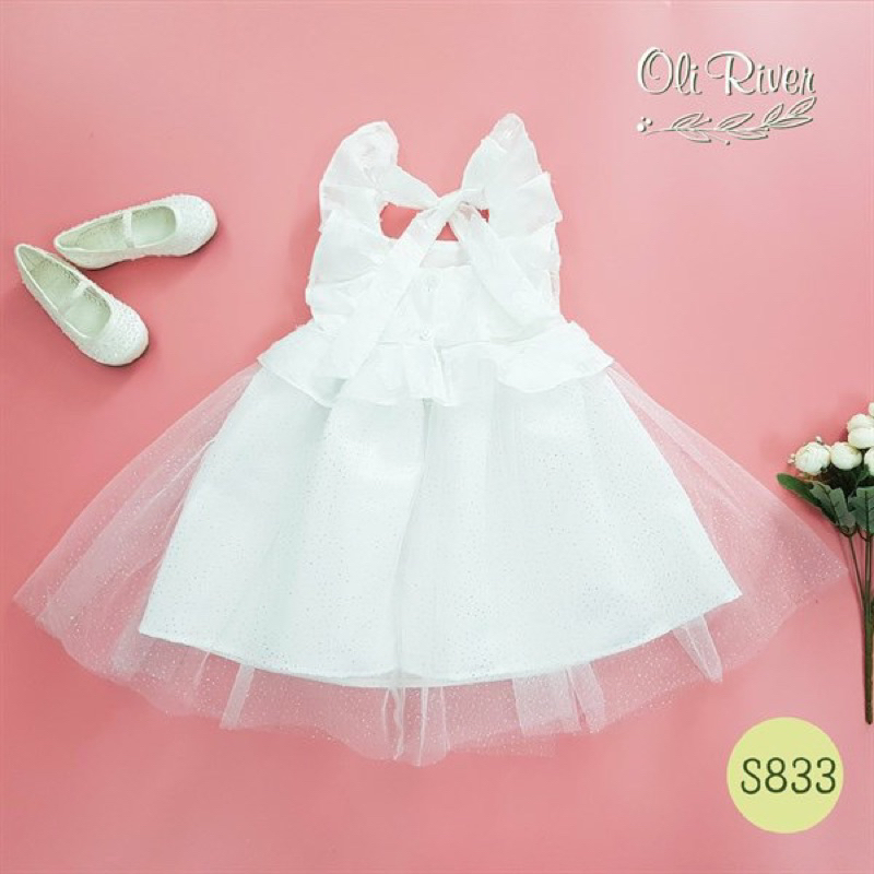 Đầm Công Chúa Bé Gái Trắng Dệt Nổi Cánh Tiên Xinh Xắn S833 Size 6-8T (21-30kg)