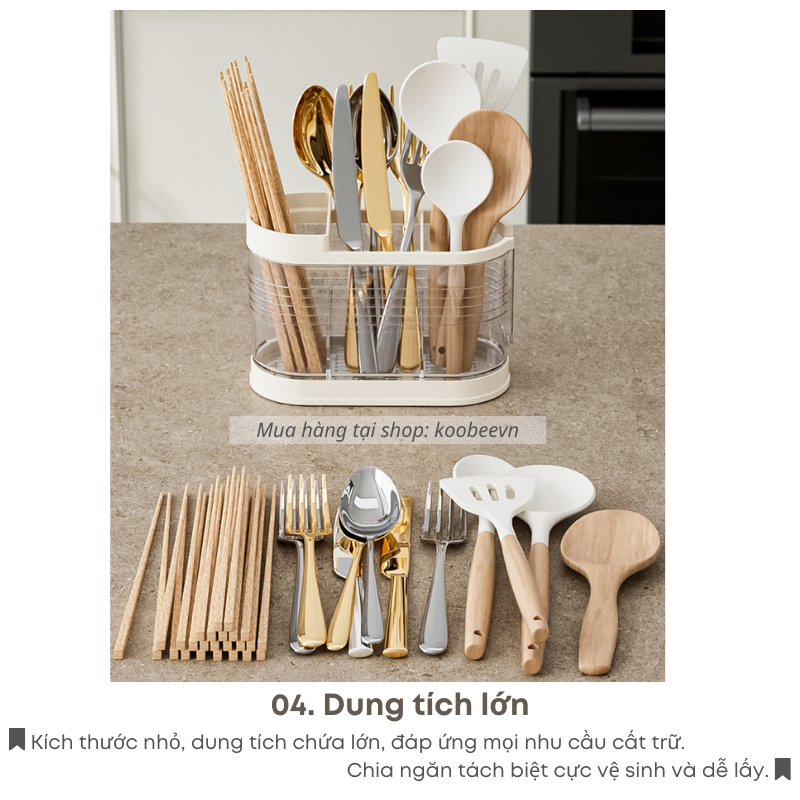 Ống Đựng Đũa Thìa Muỗng KOOBEE Trong Suốt Chia Ngăn Sáng Tạo Có Khay Đựng Nước Cứng Cáp Tiện Dụng | 073