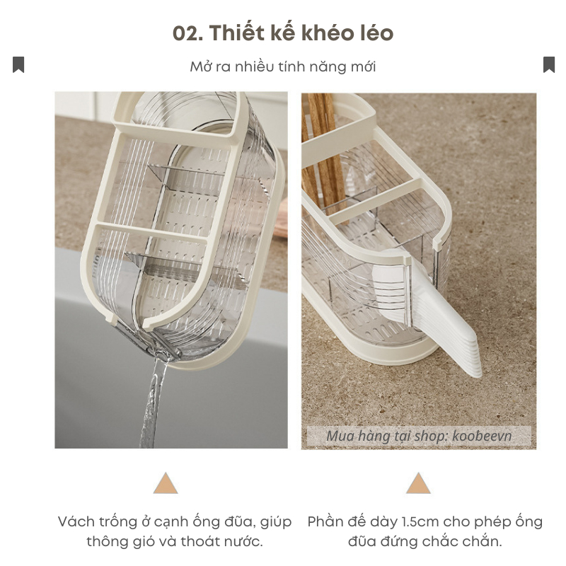 Ống Đựng Đũa Thìa Muỗng KOOBEE Trong Suốt Chia Ngăn Sáng Tạo Có Khay Đựng Nước Cứng Cáp Tiện Dụng | 073