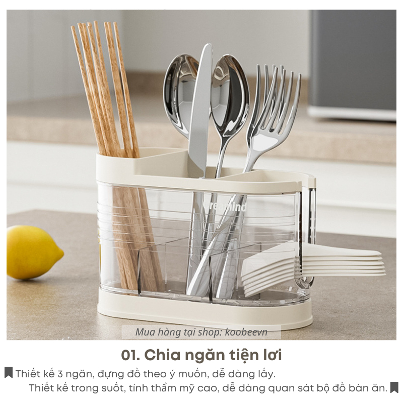Ống Đựng Đũa Thìa Muỗng KOOBEE Trong Suốt Chia Ngăn Sáng Tạo Có Khay Đựng Nước Cứng Cáp Tiện Dụng | 073