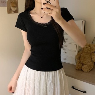 Áo Thun Croptop Phối Ren Đính Nơ Ngực Xinh Xắn Dáng Ôm Nữ