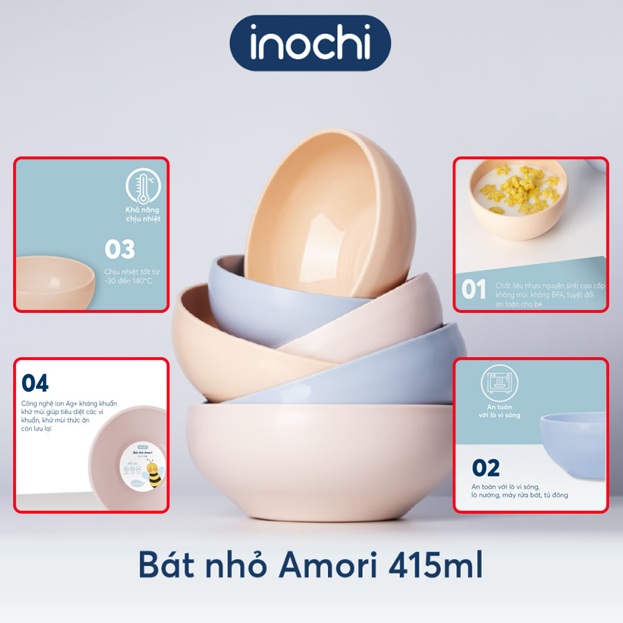Bát nhựa ăn cơm, ăn dặm cho bé 415ml Amori Inochi, chịu nhiệt, an toàn cho bé, bền đẹp