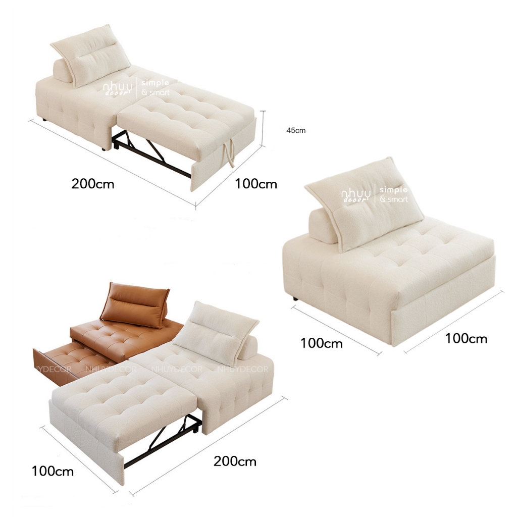 Giường gấp gọn thông minh - sofa giường NHU Y DECOR phòng khách đa năng khung thép, sofa bed lông cừu đệm cao su êm ái