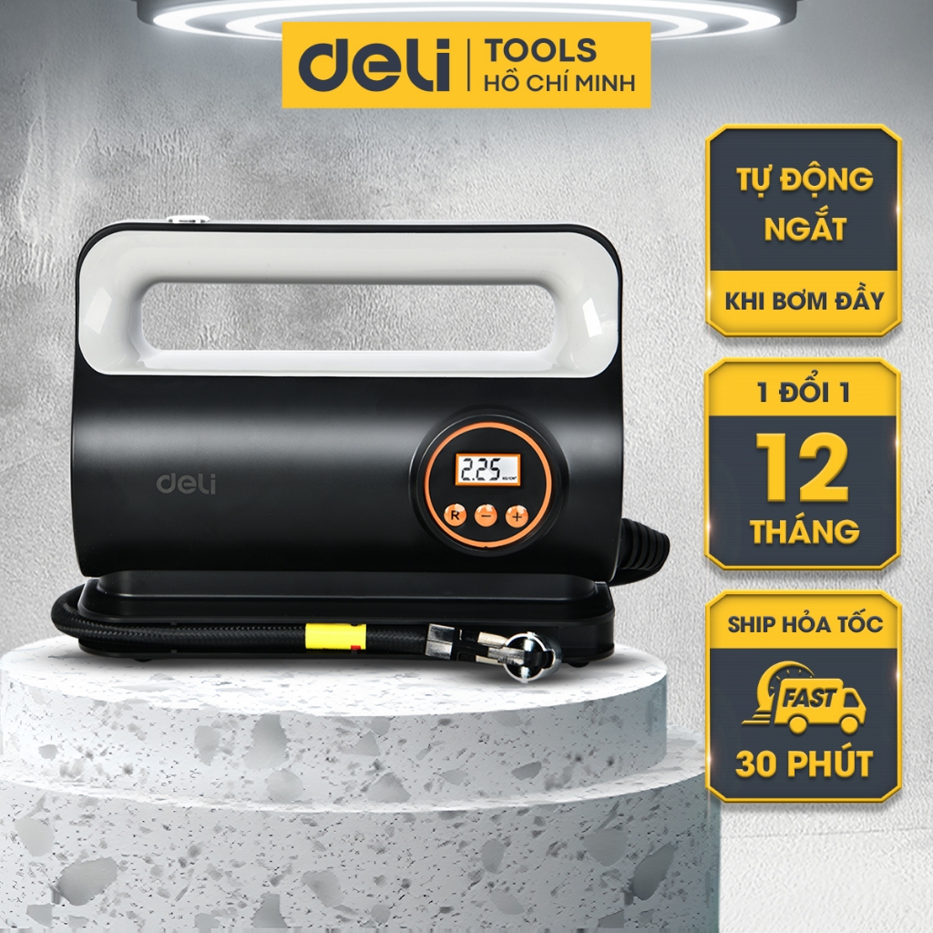 Máy bơm lốp ô tô DELI tự ngắt 12V có đồng hồ và đèn LED