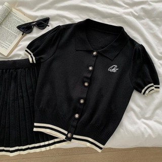 Set váy áo cardigan mùa hè polo dệt kim mix chân váy xếp ly kẻ sọc phong cách Hàn Quốc SP170
